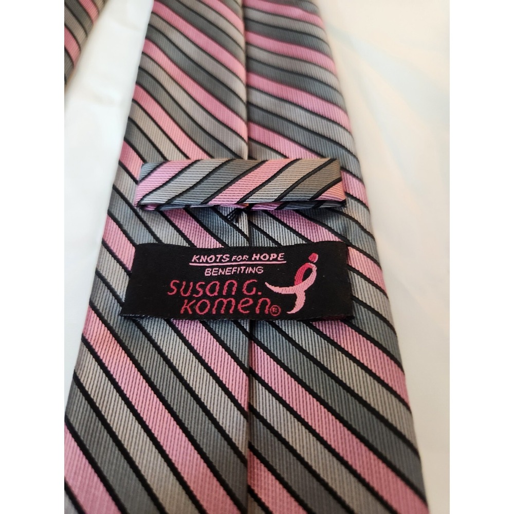 Knots for Hope Susan G‎ Komen Men's Gray, Black and Pink Striped Men's Neck Tie - Picture 5 of 7